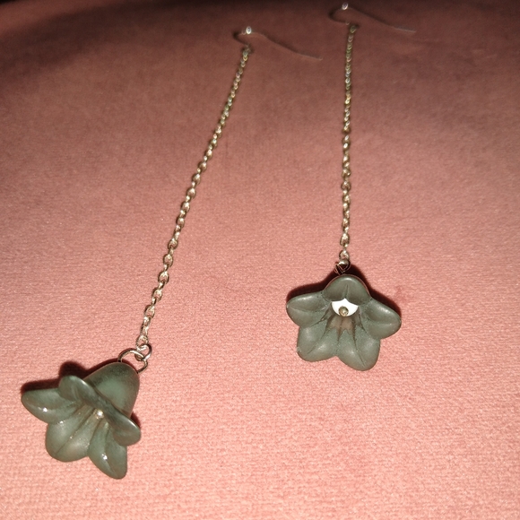 Smoky Blue Flower Earrings Solid 925 Sterling Silver Ear Hooks Long Dangle Chain - Picture 7 of 10